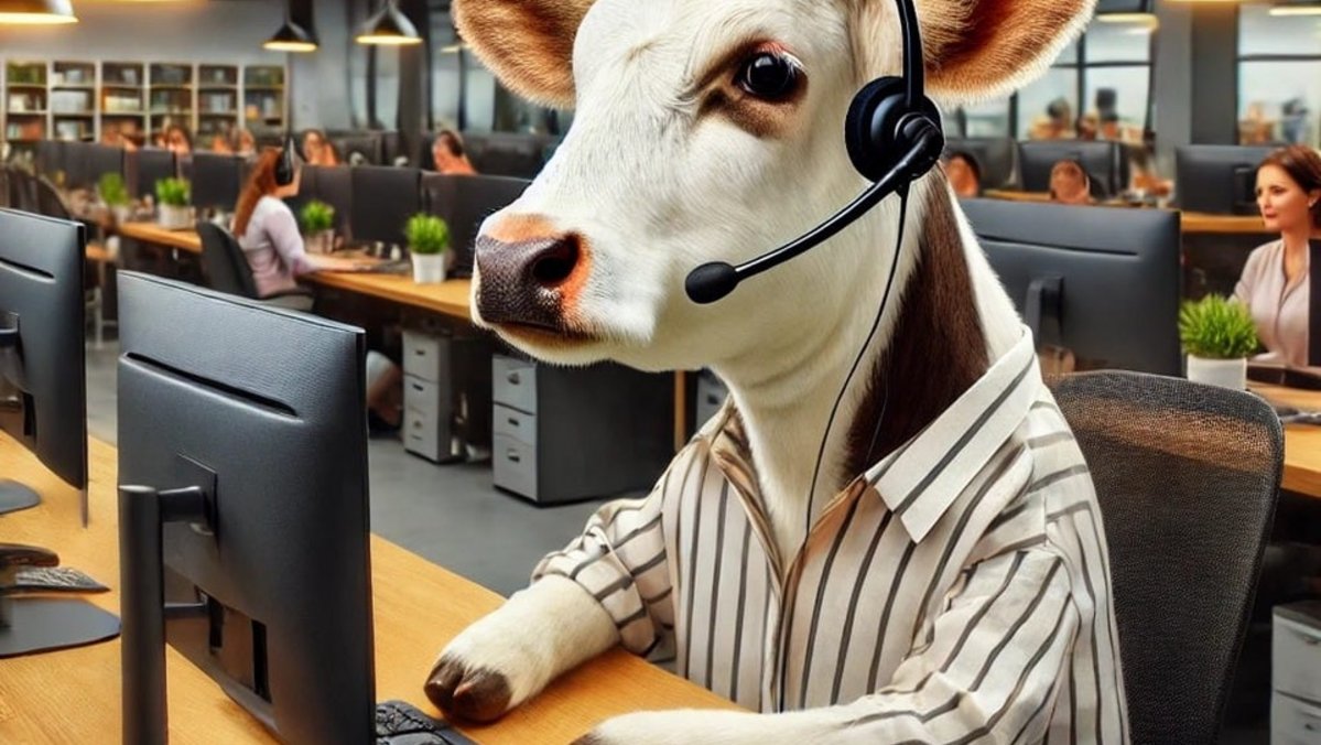 Ein KI-generiertes Bild einer Kuh, die in einem Call-Center arbeitet.